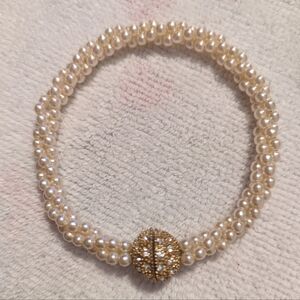 Vintage Faux Pearl Bracelet with gold ball crystal magnetic clasp.